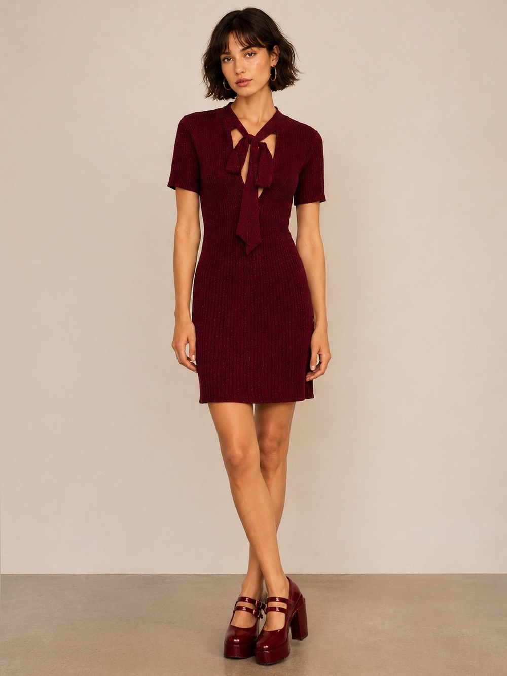 NWOT Sezane Tie-Neck Short Sleeve Mini Knit Dress in Burgundy Holiday Party